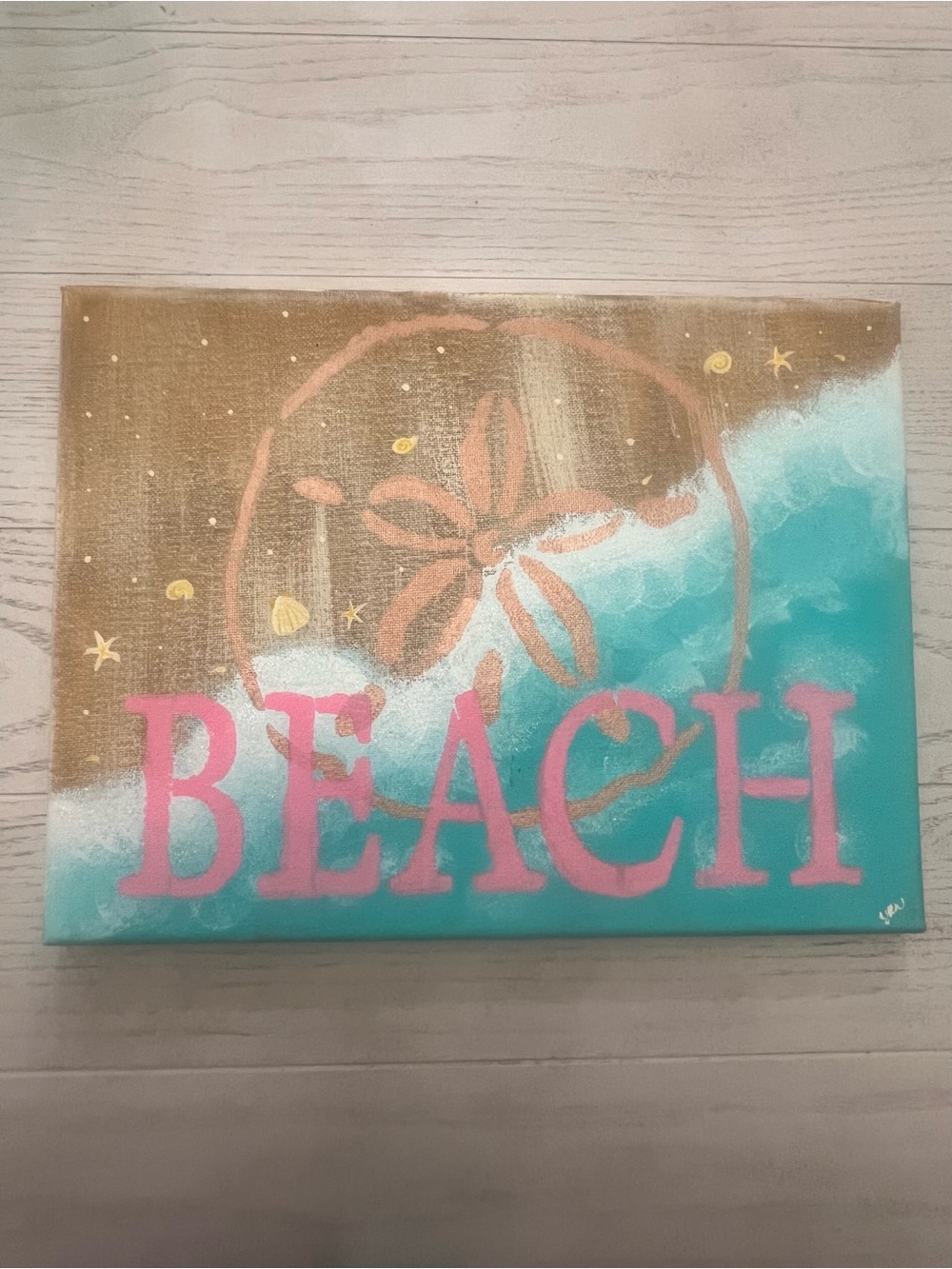 Hand Painted 12”x9” Beach Sand Dollar Wall Art Canvas in Pink and Teal